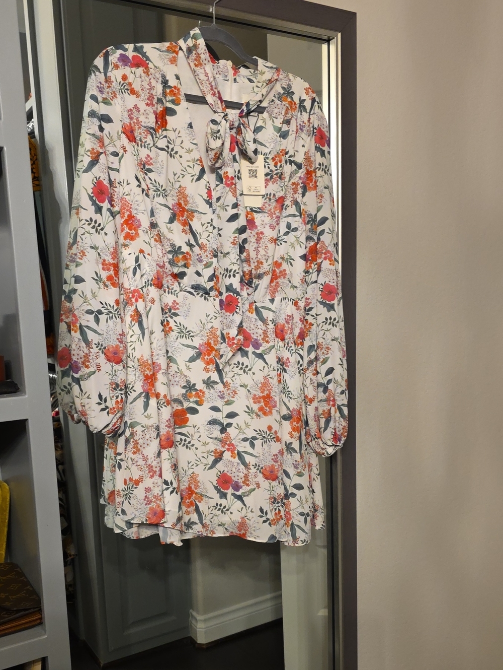 Ted Baker Cream Floral Tie-Neck Dress with Coral and Green Print